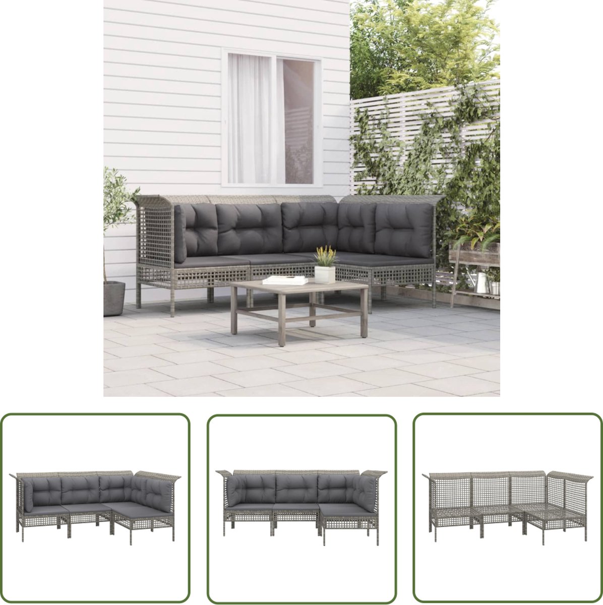 The Living Store 4-delige Loungeset met kussens poly rattan grijs – Tuinmeubles – Lounge Set – Buitenkamer – Patio Set – Vier Persoons Bank - Afbeelding 2